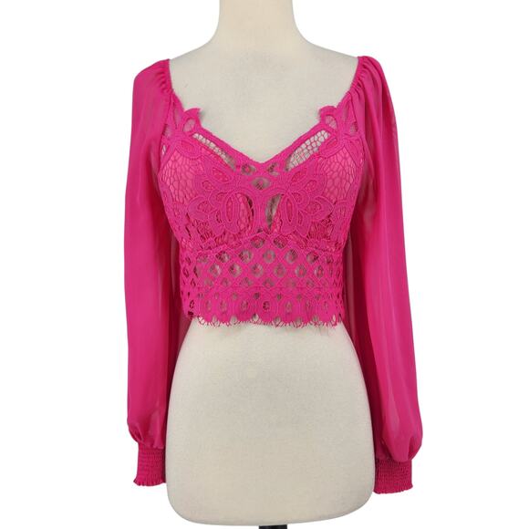 Flying Tomato Lace Crop Top – Hot Pink Sheer Long Sleeve with Smocked Back - Picture 1 of 7